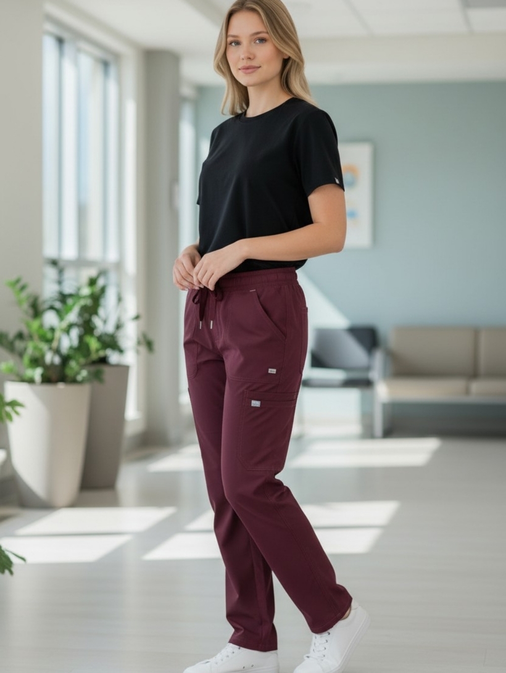 Women's Drawstring Cargo Scrub Pants - Burgundy